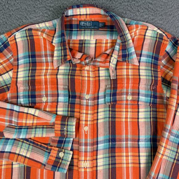 Polo Ralph Lauren Flannel Shirt Mens L Orange Silk Linen Plaid Work Chin Strap - Picture 1 of 9